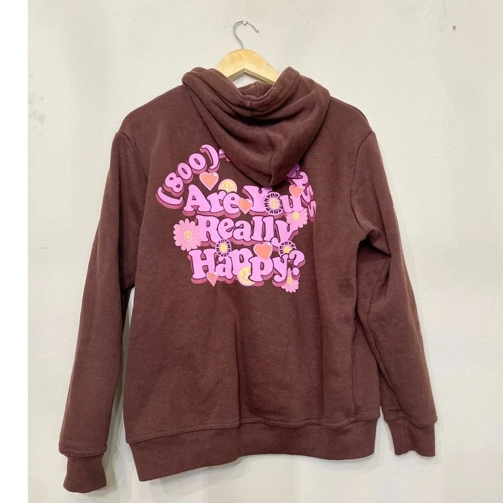 Euphoric 777‎ Brown Hoodie Are You Really Happy Graphic Sweatshirt Mens Medium